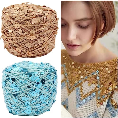 Shimmering Sequin Cotton Yarn 153yard Sparkling Thread Crochet Strings for Headband Beanie Knitting Sweater Weaving DIY Stitch Winter Accessories Rag Doll (Khaki)