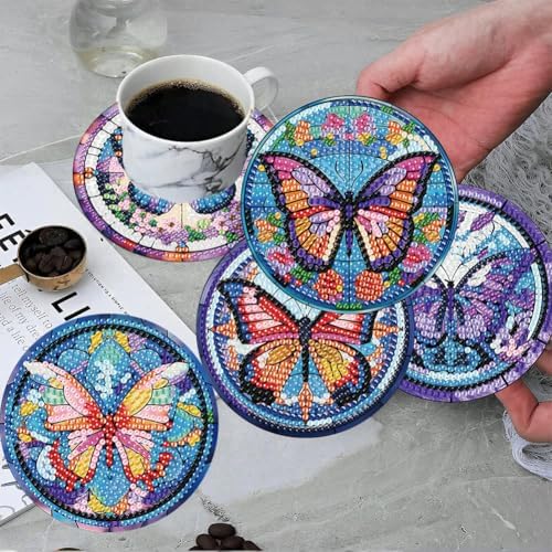 ijbnhd 8 Pcs Butterfly Diamond Painting Coasters Kits with Holder