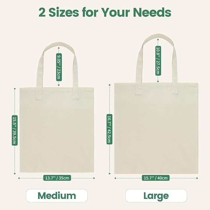 Carbrea 12 Pack Thin Canvas Tote Bags Bulk, Reusable Grocery Bags - Beige | Lightweight, 5oz Natural Canvas, Reinforced Stitches, Blank Design, Ideal for Shopping DIY Sublimation Activity Gift