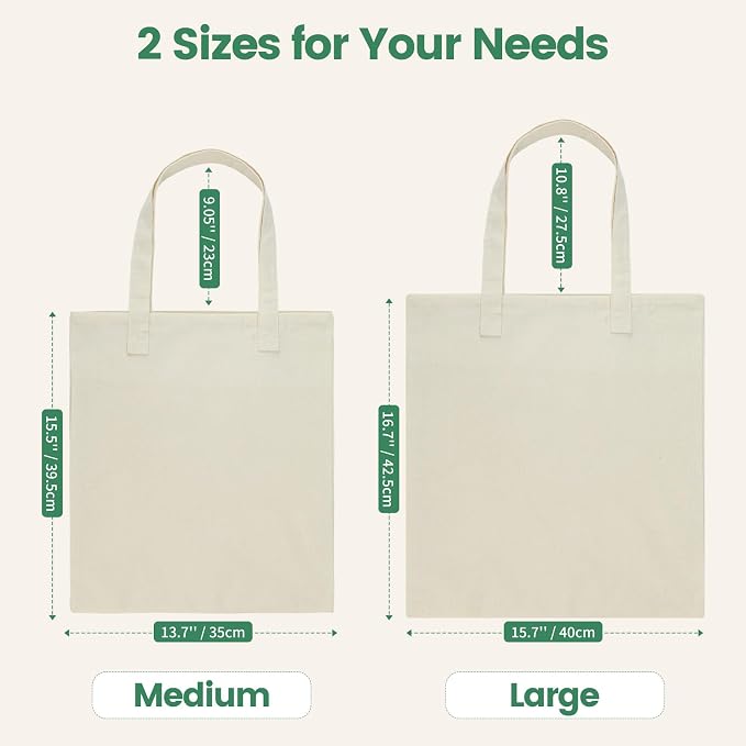 Carbrea 12 Pack Large Canvas Tote Bags Bulk, Reusable Grocery Bags - Beige | Lightweight, 5oz Natural Canvas, Reinforced Stitches, Blank Design, Ideal for Shopping DIY Sublimation Activity Gift