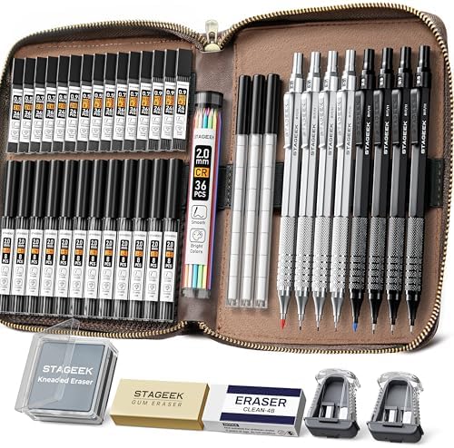 STAGEEK 45PCS Black & Silver Metal Mechanical Pencil Set in Leather Case | 8PCS Art Drafting Pencils, 0.5, 0.7, 0.9, 2.0MM Mechanical Drawing Pencils, 28 Tube (6B 4B 2B HB 2H 4H & Colors) Lead Refills
