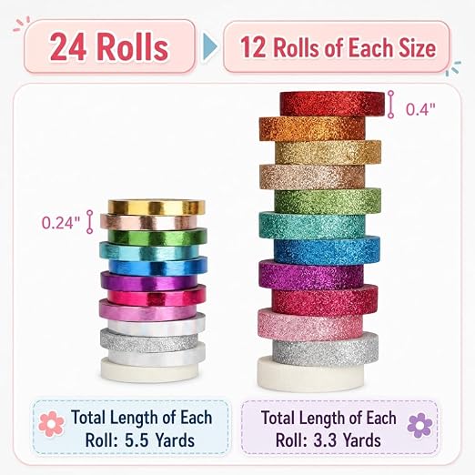 Mr. Pen- Glitter Washi Tape Set, 24 Rolls, 6mm/10mm | Thin Metallic Decorative Tape Set for Bullet Journal, Scrapbook, Arts, Crafts, Planners and Gift Packaging