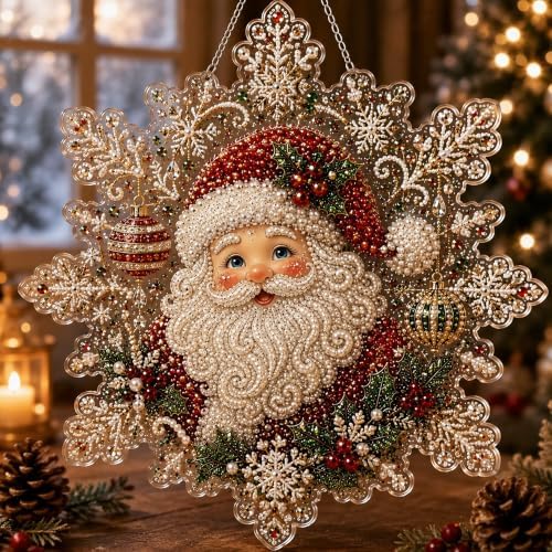 LJSCQF Christmas Pearl Diamond Painting Suncatcher Kit, DIY Craft | Pre-Assembled Metal Chain, Acrylic Snowflake Shape Board with Lace Edge, 3D Mixed-Sized Pearl Beads Craft (Style B, 8IN)