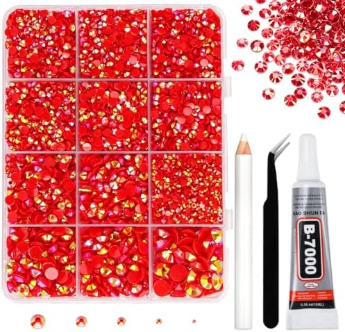 10000PCS Red AB Rhinestones Bedazzling Gems 2/3/4/5/6MM Mix Sizes Resin Jelly Bedazzler Kit Flatback with Complete Tools for DIY, Nail, Art Craft for Girls Gift