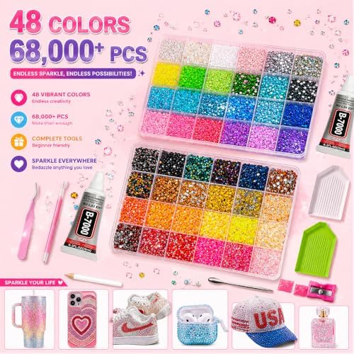 68,000Pcs 48 Colors Bedazzling Kit, 3mm Resin Jelly Flatback Rhinestones