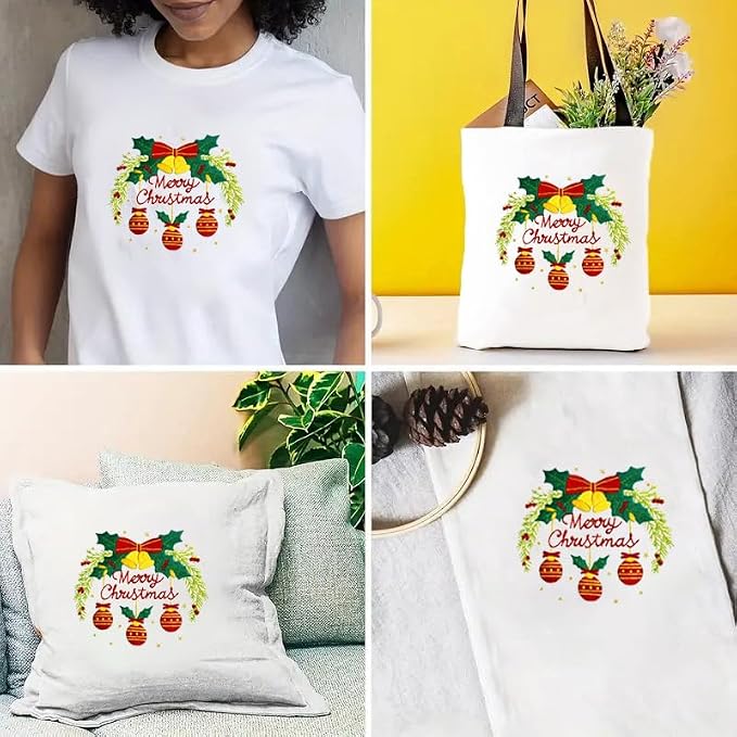 Zhenqing Merry Christmas Embroidery Kit for Beginners, Red Bells and Ornaments Craft Set with 20cm Hoop, Printed Design on 29x29cm Cotton Fabric, DIY Holiday Wall Art (C0036)