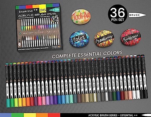 TOOLI-ART 36 Flexible Brush Tip Acrylic Paint Pens Markers Set 1-7mm Line for Rock Painting, Glass, Mugs, Wood, Metal, Canvas, Plastic. Non Toxic Waterbased Quick Drying