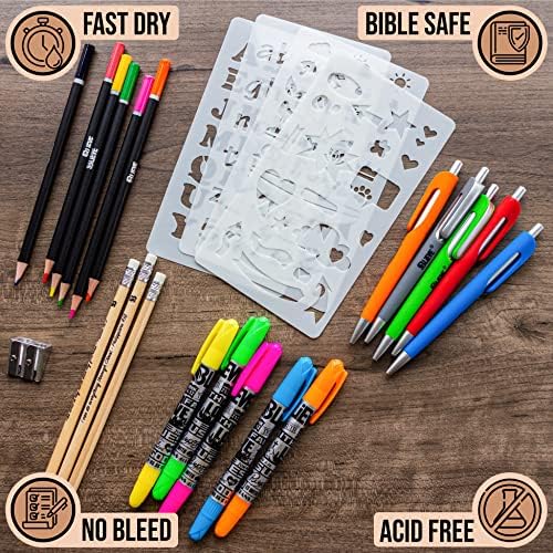 BLIEVE - Bible Journaling Kit With Gel Highlighters And Pens No Bleed, Scripture Markers and Pencils Supplies, Stencils Planner Set For Coloring Journal Art Illustrated By Faith Christian Gifts 24pcs
