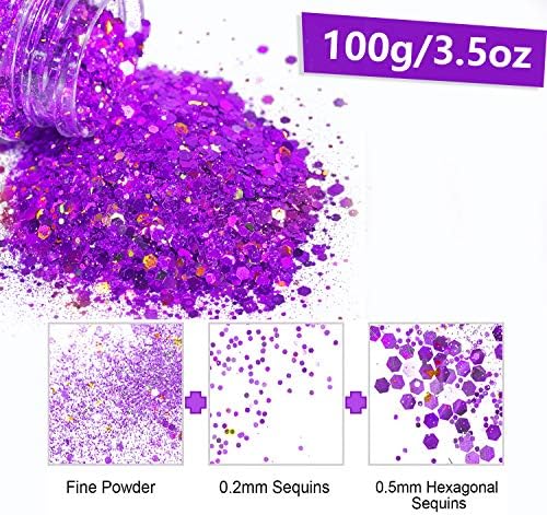 HEMOER Purple Glitter, 100g/3.5oz Holographic Chunky Glitter Mixed Hexagon Chunky & Fine Flakes Iridescent Sequins for Epoxy Crafts, Resin, Nail Body, Tumblers, Festival Party