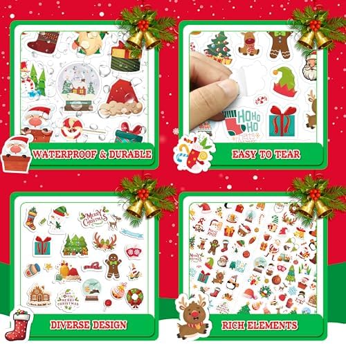 LINAYE 24 Sheets Christmas Stickers for Kids, 1570 PCS Adhesive Christmas Stickers Bulk Cute Goodie Bags Basket Stuffers Party Favors for Kids