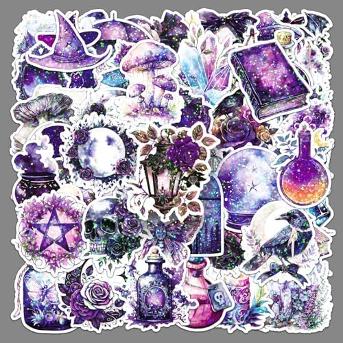 50PCS Holographic Gothic Stickers - Purple Witch & Cat Vinyl Decals for Journal, Laptop, Phone Case, Scrapbooking Supplies, Gothic Aesthetic for Teens & Adults