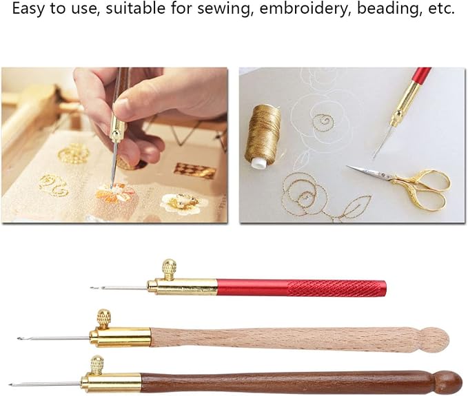 Kodrily 3Pcs Tambour Tools, Stainless Steel Wood Handle Embroidery Crochet Hooks with 9 Needles Tambour Hooks Kit, DIY French Tambour Hook Sewing Craft Tool for Sequin, Beading