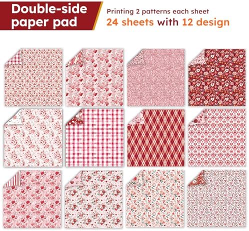 Red Valentine Scrapbook Paper Pad, 24 Sheets Heart Pattern Aesthetics Double Sided Print Floral DIY Crafts Collage Decoration for Photo Album Journals Card Folded Gift Wrapping Supplies