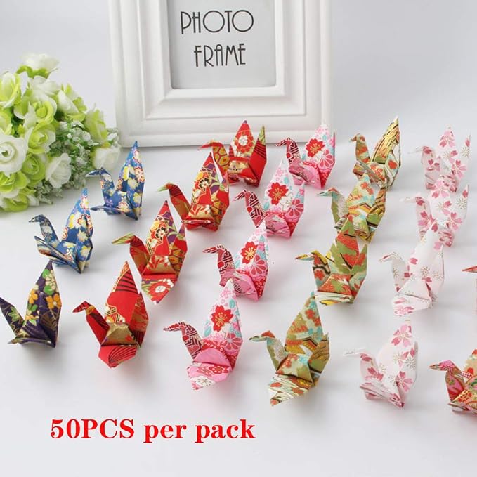 50Pcs 10cm Rainbow Premade Origami Paper Cranes Folded origami cranes Handmade Yuzen Paper Cranes Garlands For Tea Party Favors Wedding Baby Shower Party Supplies Peace Dove-Happiness Good Luck