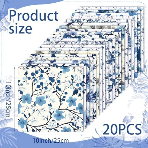 HunnmingRe 20 Pcs 10''x10'' Blue White Flower Quilting Fabric Square Chinoiserie Floral Precuts Quilted Fabric Bundle Butterfly Bird Printed Sewing Material for Holiday Patchwork DIY Craft Supplies