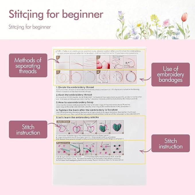 wtisan 5 Pack Embroidery kit for Beginners Adults DIY Starter Kit | Sunflower Gifts for Women Cross Stitch Kits with Embroidery Hoop, Tools,Colorful Threads,Hand Craft Lover Gift
