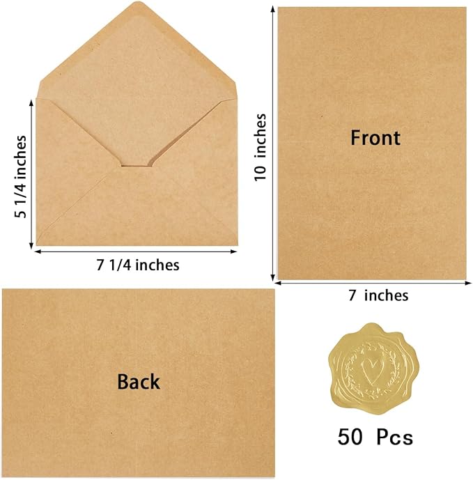 50 Pack Kraft Paper A7 Envelopes with Cards and Gold Stickers, 5x7