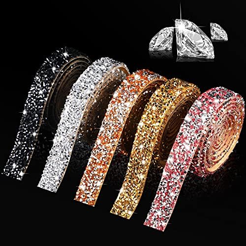 Xinnun 5 Rolls Rhinestone Ribbon Self-Adhesive Crystal Shiny Rhinestone Strips Bling Resin Diamond Ribbon for Graduation Party Decor, DIY Prom Dress,Craft(Mixed Colors,0.59 Inch,Basic Style)