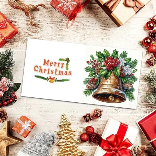 6Pcs Christmas Greeting Card DIY Diamond Art Painting Greeting Cards Blessing Folding Card Kit with White Envelopes Diamond Arts Crafts for Birthday Festival Gift-Bell