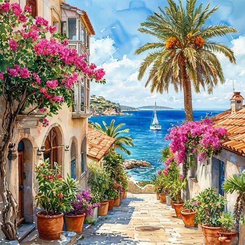 Accompany Wind Seaside Scenery Diamond Art Kits for Adults,5D Landscape Diamond Painting Kits for Beginners,DIY Round Full Drill Diamonds Gem Art Crafts for Home Wall Decor Gifts 14x14 Inch