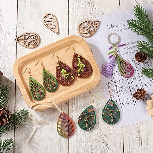 Elecrelive 100pcs Wood Earring Blanks Filigree Teardrop Pendants Unfinished Wooden Cutout Craft Wood Pieces for DIY Jewelry Making Hanging Ornaments