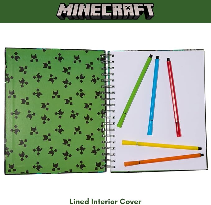 Minecraft Sketchbook Set, 5 Washable Markers, Spiral Bound, 86 Blank Pages