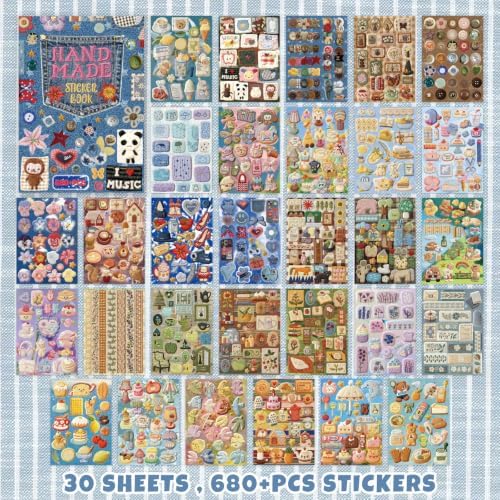 PRSTINCOL Japanese Manga Stickers Book with 30 Sheets of Deep Blue Aesthetic Die Cut Stickers for DIY Journal and Planner