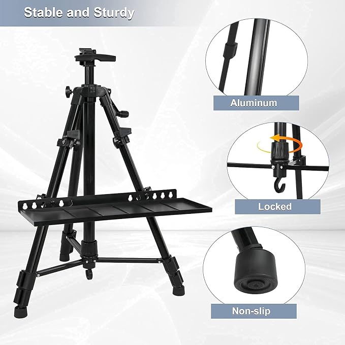 Easel Stand, 20" to 61" Adjustable Artist Easel for Adults, Aluminum Tripod Canvas Stand with Tray, Portable Painting Easel for Tabletop & Floor Displaying, Black