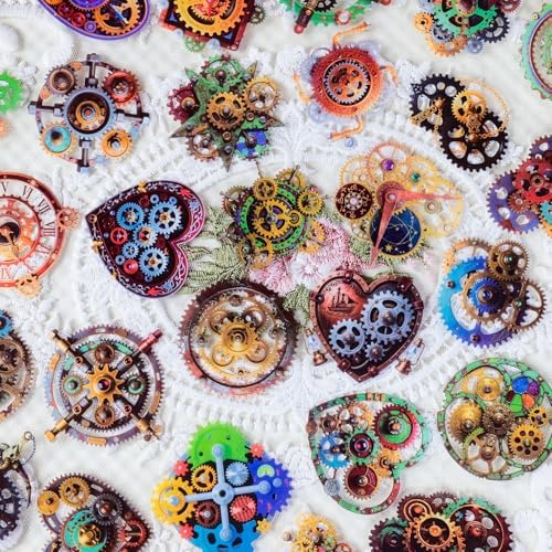 56PCS Steampunk Gear Stickers Pack – Vintage Mechanical Gears, Clockwork Designs, Transparent Vinyl Decals for Scrapbook, Journal, Laptop, Planner, DIY Craft, and Gear Art Lovers