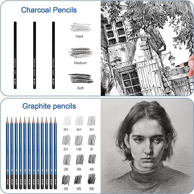 H & B 50PCS Drawing Sketch Pencils Art Supplies Kit with A5 Sketchbook | Pro Graphite, Charcoal Pencils & Pastel Kit, Travel Art Case Set, Ideal Drawing Set for Artists, Beginners and Adults