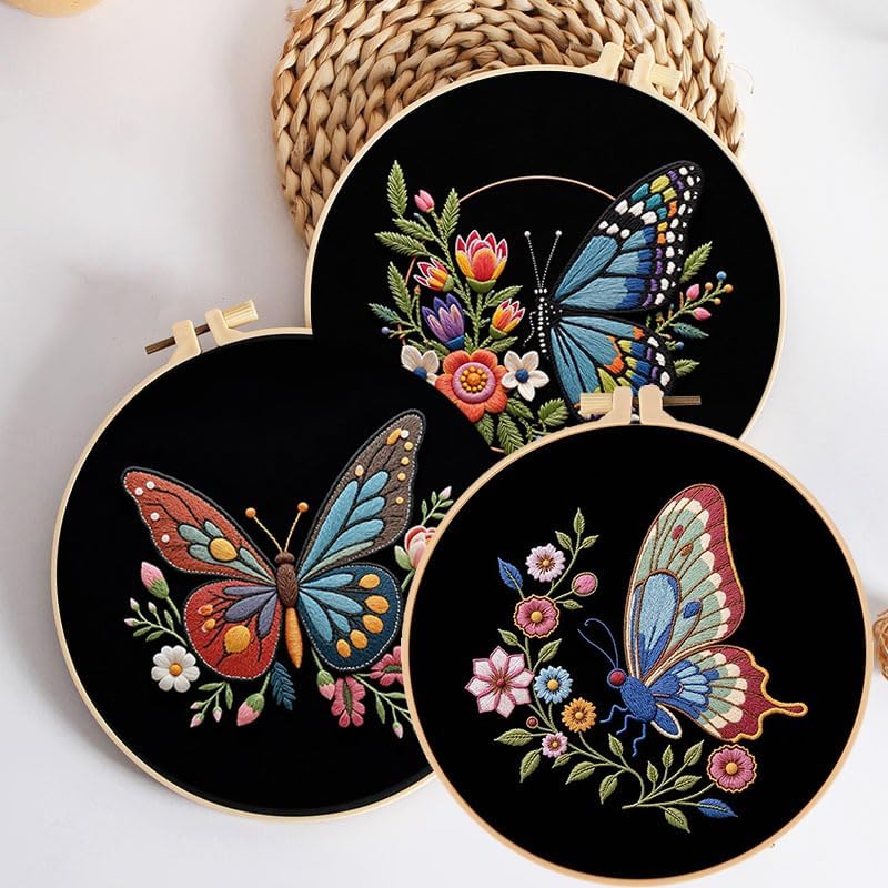 Konrisa Flower Butterfly Embroidery Kits for Adults, Stamped Embroidery Starter Kit with Hoop,DIY Sewing Needlepoint Cross Stitch Kit, Set of 3