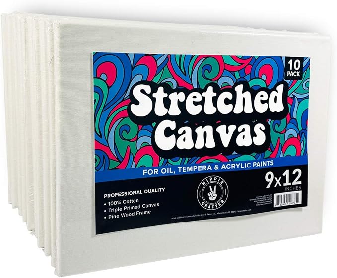 HIPPIE CRAFTER 10 Pack Stretched Canvases for Painting, 9x12 Blank Rectangle Canvas Boards, Ideal with Acrylic, Oil & Mixed Media Art, Small Art Canvases, Perfect Supplies for Bulk Projects