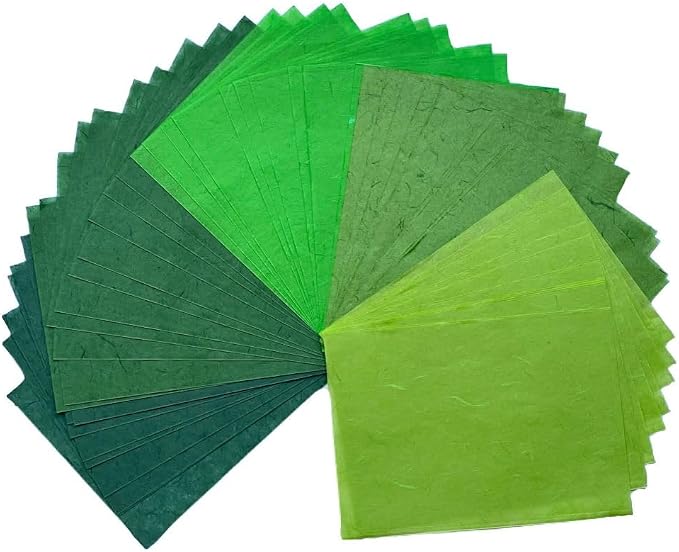 A5 50 Sheets Natural Fiber Mulberry Tree Mulberry Paper Sheets Art Tissue Washi Paper Design Craft Art Origami Suppliers Card Making 8.3" x 5.8". (Green Tone, A5)
