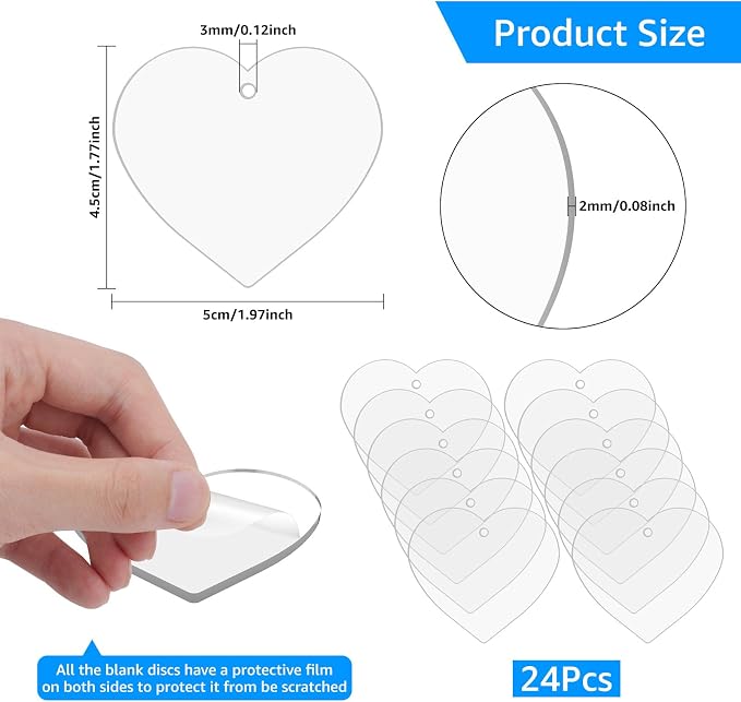 Ximalun 24Pcs Heart Acrylic Keychain Blanks Clear Acrylic Ornament Blanks with Hole Heart Love Clear Disc Ornaments Blanks Bulk for DIY Key Chain Craft Projects Christmas Birthday Holiday Decorations