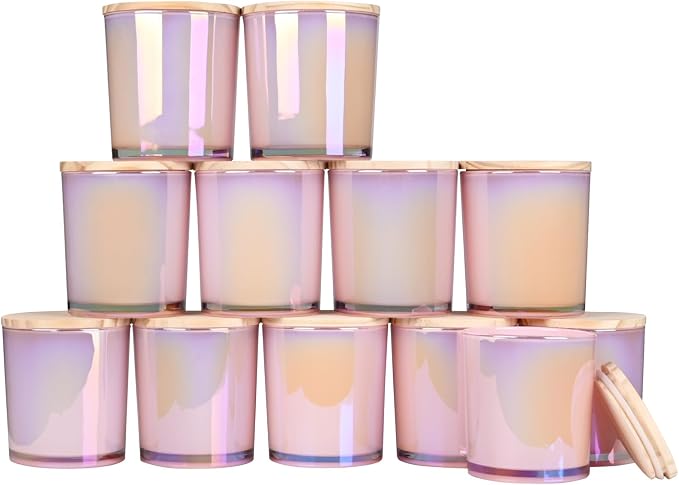 SHOWIN Thick Candle Jars for Making Candles 12 Pcs, 14 OZ Empty Jars with Wood Lids for Candle Making, Sample Container, Glitter Pink
