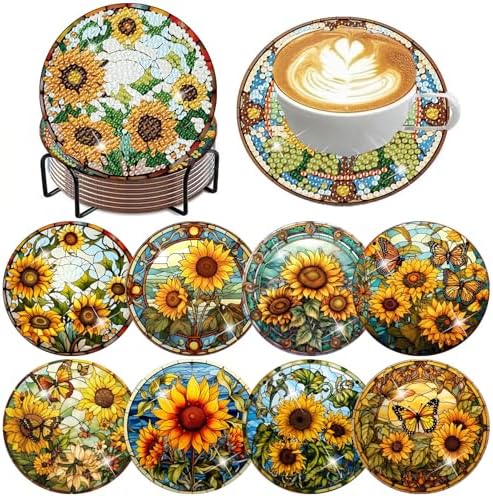ijbnhd 8 Pcs Sunflower Diamond Art Coasters Kit Diamond Painting Coasters