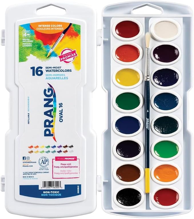 Prang Semi-Moist Watercolors 16-Color Oval Pan Set, Pack of 6 | Refillable, Wax-Free Pigments, Mixing Tray in Lid, Size 6 Paintbrush Included
