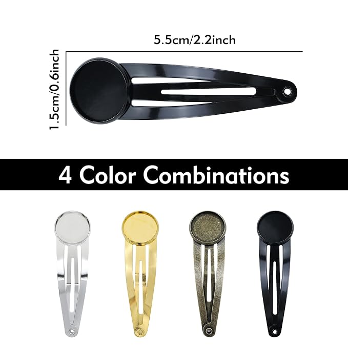 Lawie 40 Pack 5cm 2 Inch Small Silver Gold Bronze Black Flat Round Tray Glue Pad Snap Hair Clips for Crafting Blank Hair Barrettes Base Hair Pins Arts and Crafts DIY Hair Jewelry Making Accessories