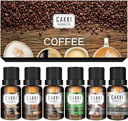 Coffee Essential Oils Set for Diffuser, 6 x10ml, Cakki Fragrance Oils Gift Set with Mocha, Latte, Cappuccino, Hot Chocolate, Vanilla, Oatmeal Latte. for Candle Making