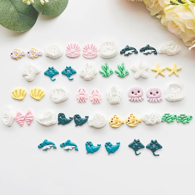 Under The Sea Polymer Clay Cutters Set - 13pcs Ocean Life Shapes Including Seal, Turtle, Jellyfish, Starfish, Dolphin & Shells for DIY Earring Jewelry, Soft Clay Crafts & Scrapbooking