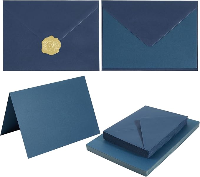 50 Pack Navy Blue A7 Envelopes with Cards and Gold Stickers, 5x7
