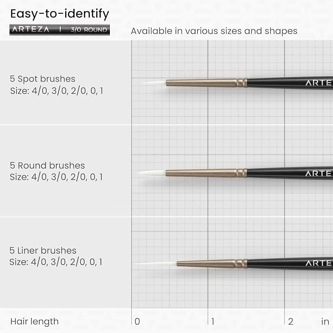 ARTEZA Detail Paint Brushes, Set of 15, Miniature Paint Brush Set with Spot, Round and Liner Tips, Fine Tip Paint Brushes for Acrylic Painting, Watercolor, Models, Crafts and Canvas