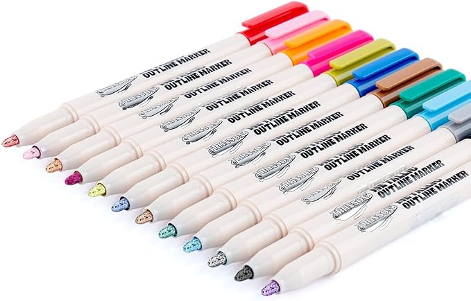 TRANSON 12pcs Outline Shimmering Markers with Metallic for Fun Art Drawing Craft DIY
