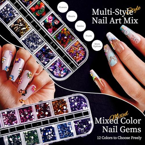 JODSONE Rhinestone Picker Tool,Nail Charms,Nail Rhinestones Kit with 6 Boxes of Rhinestones,12 Nail Stickers in 2 Colors Multi Shape Pearls Jewels Crystals with Nails Art Tools
