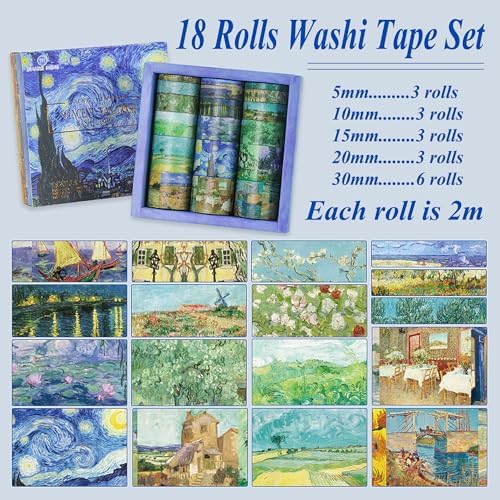 Washi Tape Set, 18 Rolls Washi Stickers, Assorted Sizes, for Junk Journal Scrapbook Tape, Bullet Journaling Scrapbooking Supplies, Planner Sticker DIY Craft DéCor (Oil Painting)