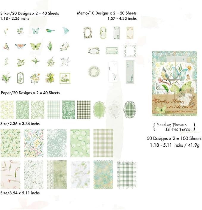 OKUPAN Vintage Floral Scrapbook Supplies Kit with Scrapbook Paper & Journaling Stickers (100pcs) - (Green) Junk Journal Supplies for Bullet Journaling, Retro Crafts, Planner, Mixed Media, Card Making