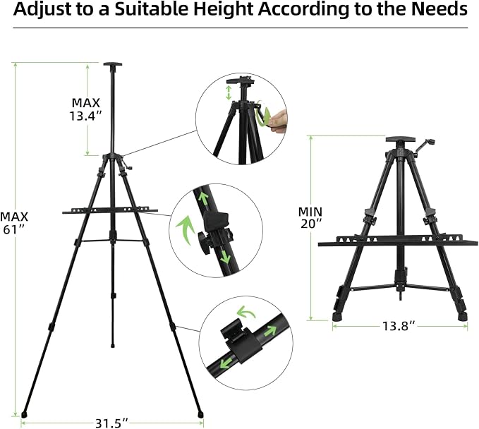 Artist Easel Stand Painting Stand Art Easel, 20" to 61" Art Easel for Painting Canvase & Displaying, Aluminum Adjustable Height Display Tripod with Portable Bag/Folding Keg/Apron.(Black)