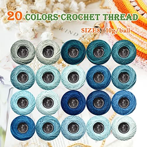 Soft 20 Colors Classic Crochet Thread 20 Pack,100% Cotton (Delft Blue-828-927)