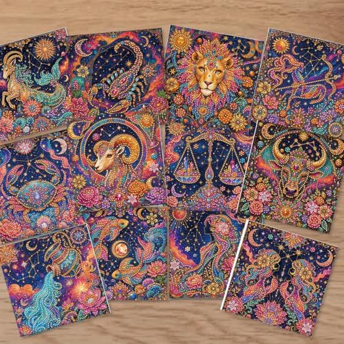 POETRYDRAW DIY Diamond Art Painting Greeting Card Kit, Creative Craft Set for Card Making，12 Zodiac Signs