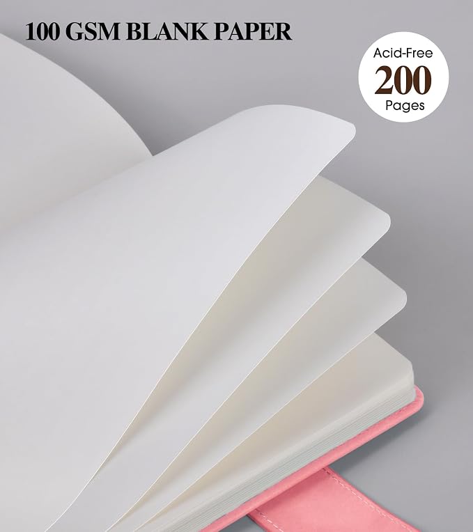 PAIBAS Blank Journal Notebook, A5 Hardcover Leather Sketchbook with 200 Pages Thick Blank Paper for Men Women, Unlined Drawing & Writing Journal, 5.9" x 8.4" Plain Notebook (pink)